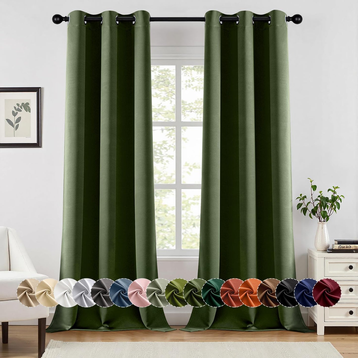 MIULEE Olive Green Blackout Curtains - Thermal Insulated Room Darkening Drapes | 96 Inches Long, 2 Panels