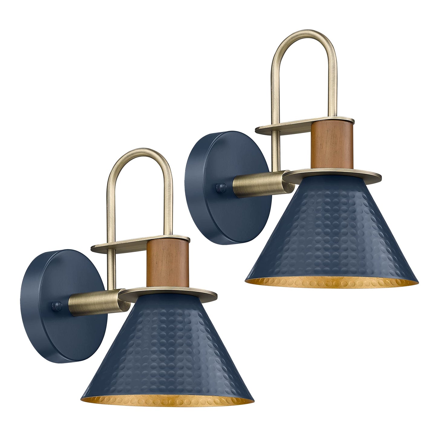 Industrial Wall Sconces Set of Two, HWH Indoor Wall Sconce 1-Light Barn Vanity Light, Gooseneck Wall Lamp for Bathroom Bedroom Bedside Kitchen, Hammered Metal Shade, Navy Blue Finish, 5HZG74B-2 BL+BG