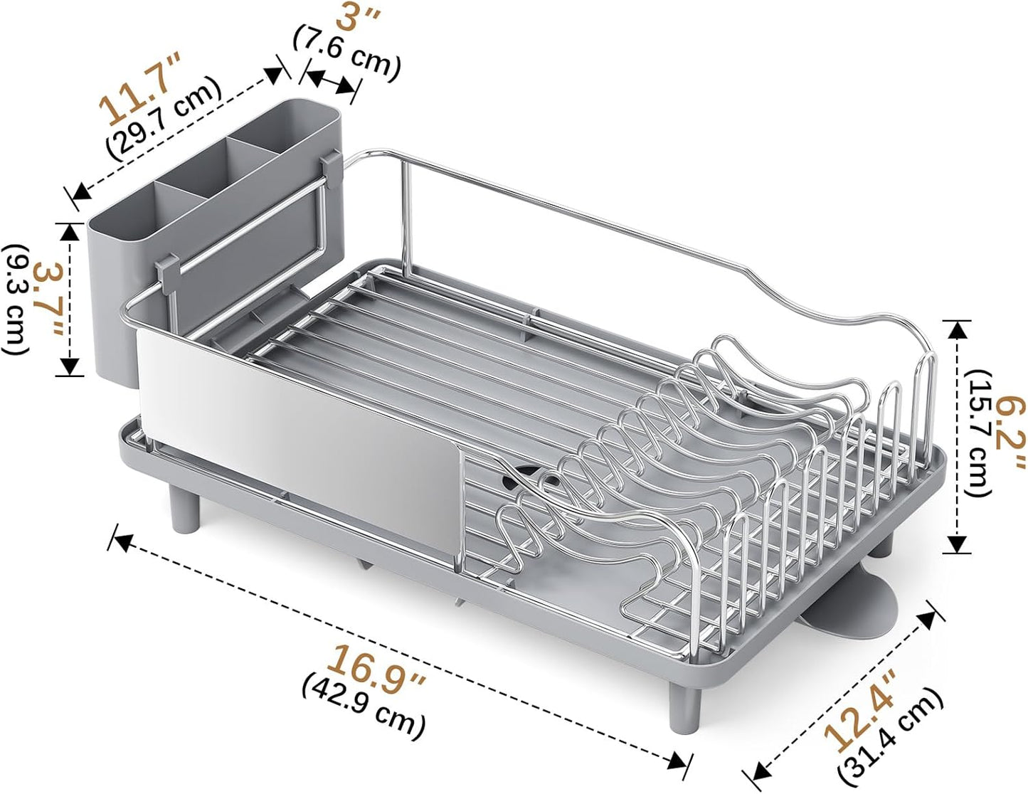 Skiennix Dish Drying Rack - Large Capacity Stainless Steel Kitchen Organizer with Auto Drain Spout | Gray