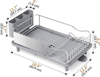 Skiennix Dish Drying Rack - Large Capacity Stainless Steel Kitchen Organizer with Auto Drain Spout | Gray