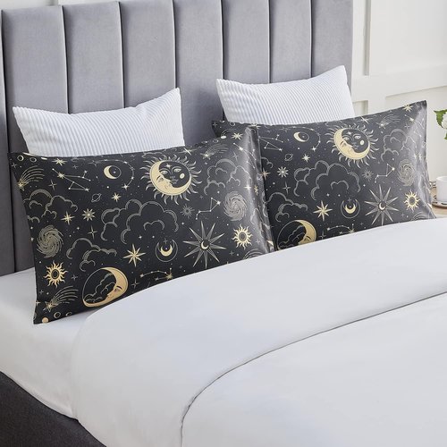EXQ Home Satin Pillowcase Set - Black Printed Silk for Hair & Skin | Queen Size 20x30 inches - 2 Pack with Envelope Closure