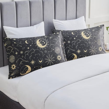 EXQ Home Satin Pillowcase Set - Black Printed Silk for Hair & Skin | Queen Size 20x30 inches - 2 Pack with Envelope Closure