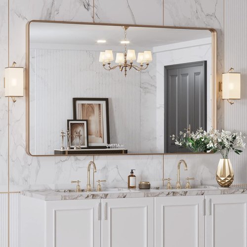 LOAAO Gold Bathroom Mirror - 48”X30” Rounded Rectangle Design | Wall-Mounted, Anti-Rust Tempered Glass
