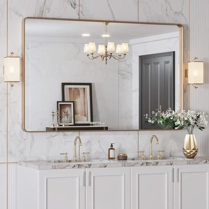LOAAO Gold Bathroom Mirror - 48”X30” Rounded Rectangle Design | Wall-Mounted, Anti-Rust Tempered Glass