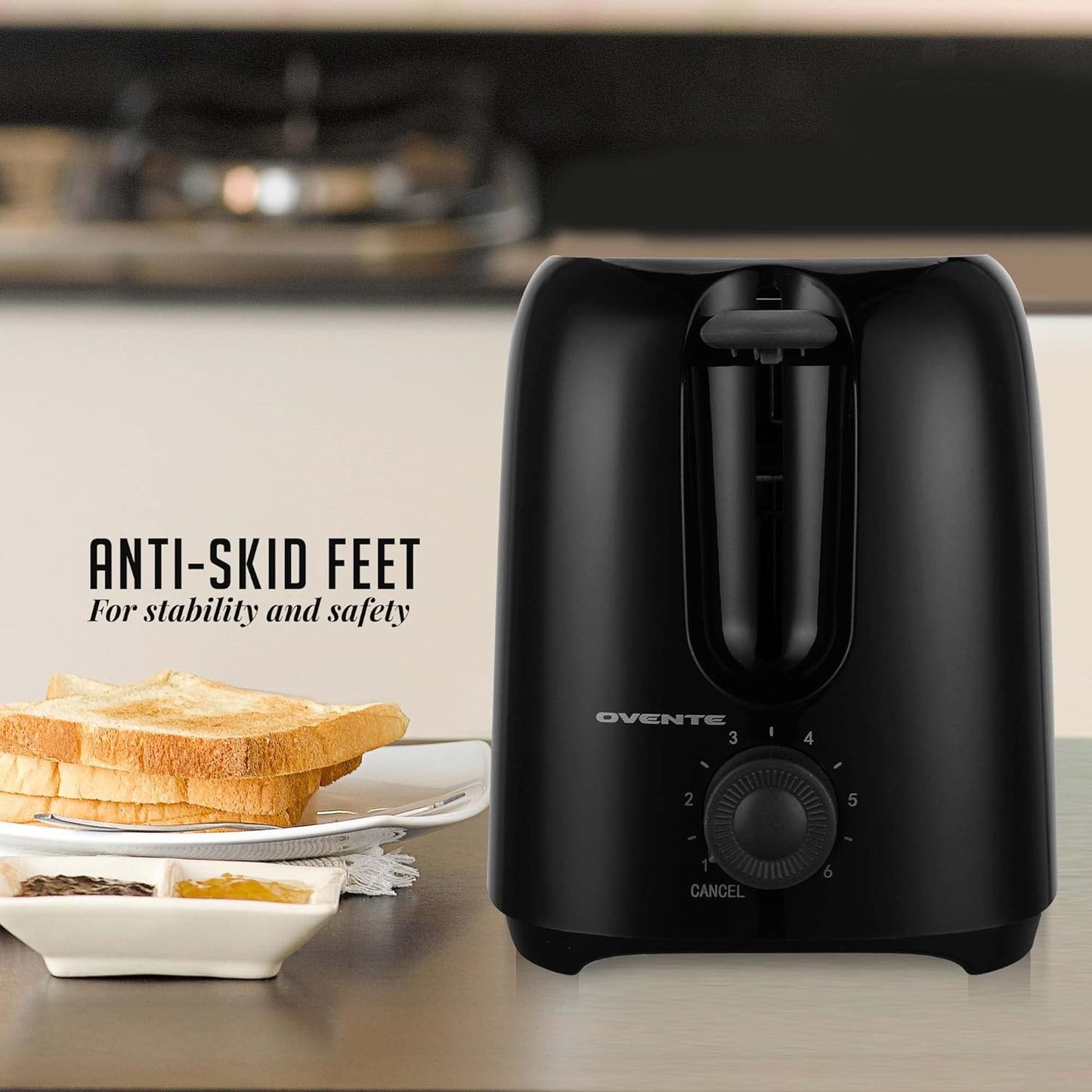 OVENTE Electric Toaster - 6-Shade Browning Selector, Compact Design, Removable Crumb Tray, 700W Power