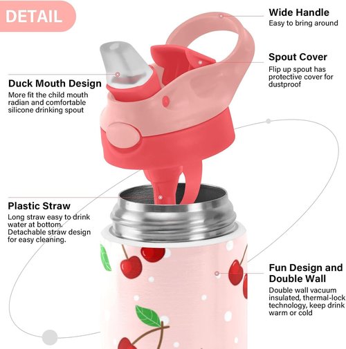 Cherry Water Bottle - Leakproof Double-Walled Stainless Steel Thermo Flask with Straw Lid | Ideal for Kids & Girls