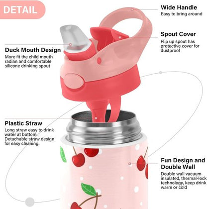 Cherry Water Bottle - Leakproof Double-Walled Stainless Steel Thermo Flask with Straw Lid | Ideal for Kids & Girls