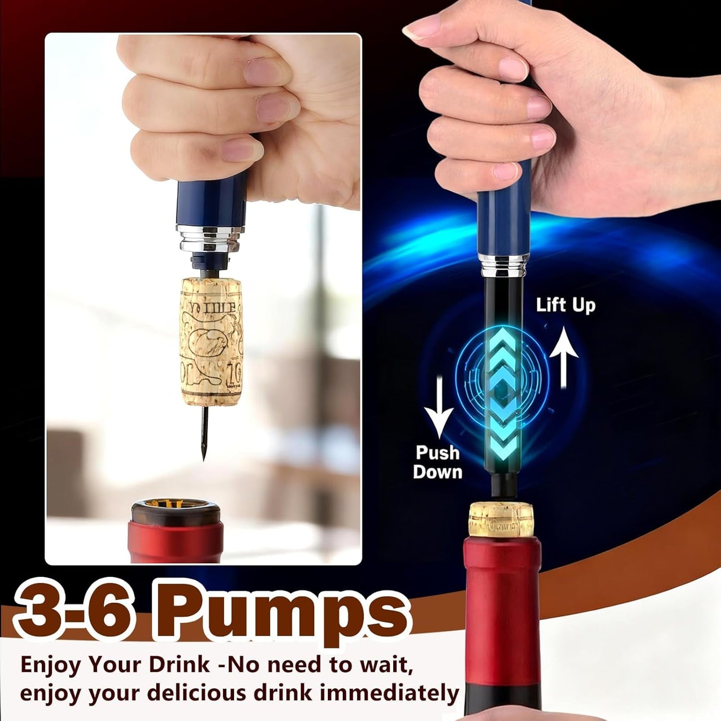 Wine Bottle Opener with Foil Cutter - NUCOKRS Air Pump Aeropop Corkscrew, Pen Style Opens in 3-7 Pumps, Effortless & No Damage to Cork, Compact Gift for Wine Lovers (Blue)