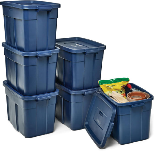 Rubbermaid Roughneck Tote - 18 Gal Stackable Storage Bins with Lids & Handles | Dark Indigo Metallic, 6 Pack