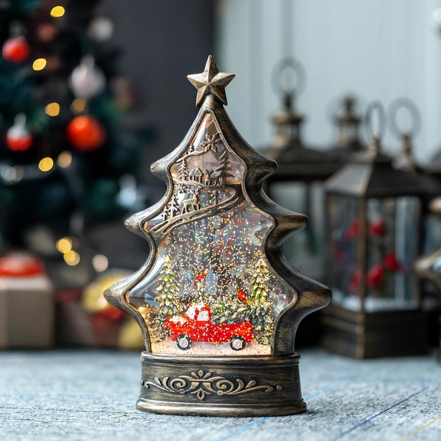 Skiennix Snow Globe Lantern - 11.5 Inch Musical Christmas Tree Figurine with Red Truck & Glitter