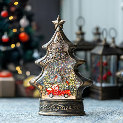 Skiennix Snow Globe Lantern - 11.5 Inch Musical Christmas Tree Figurine with Red Truck & Glitter