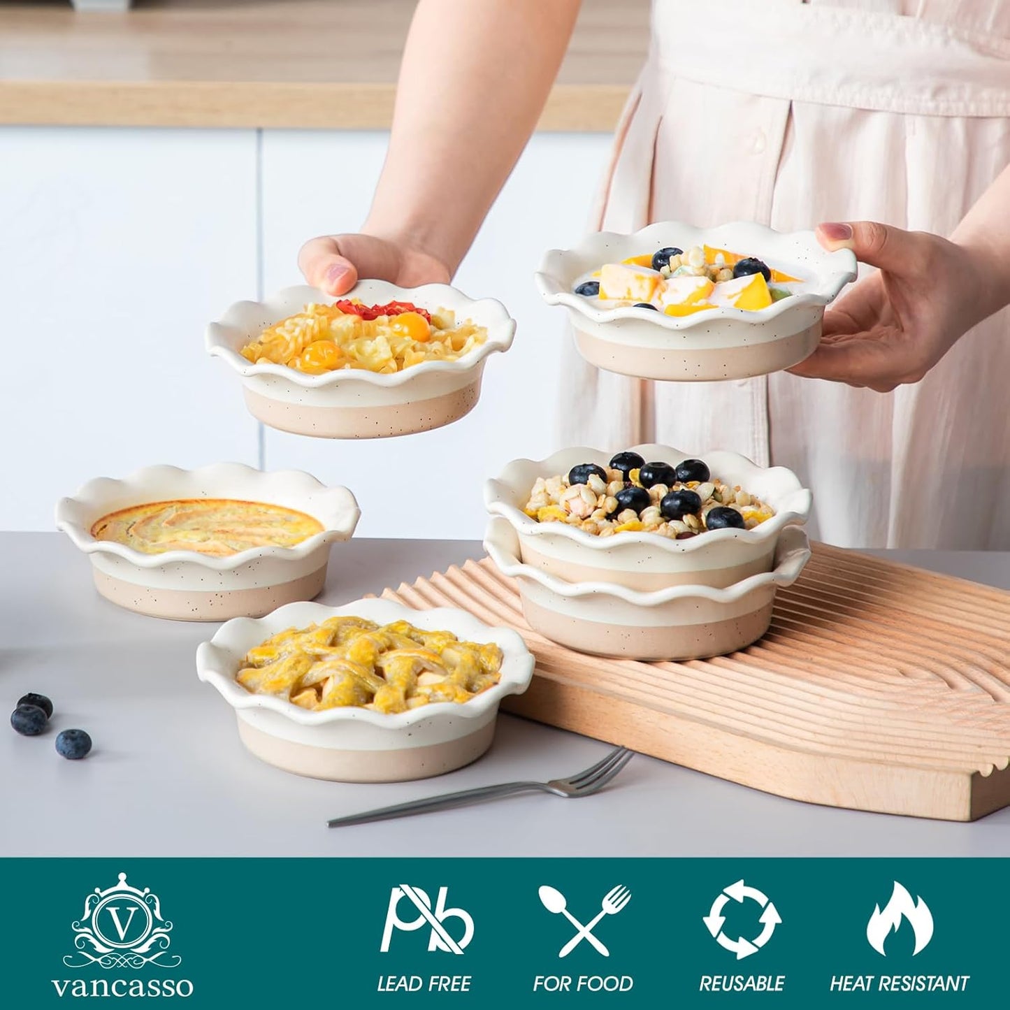 Vancasso Mini Pie Pans Set of 6 - 5.2 Inch Ceramic Deep Dish Plates | Ruffled Edge, Oven & Microwave Safe, Cream