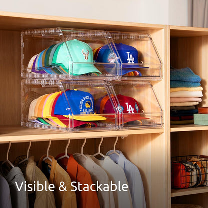 Ozueccr Hat Organizer - Stackable Clear Display Box for 15 Baseball Caps | Sliding Drawer & Anti-Slip Feet