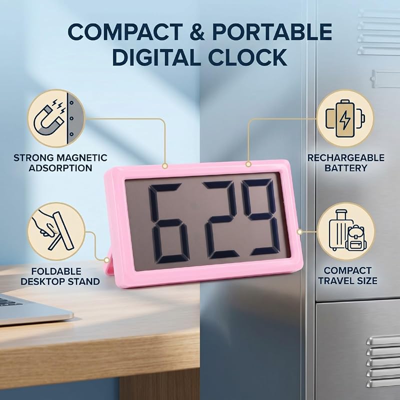 Pink Magnetic Digital Clock with Stand - 12 Hour Display, Desktop & Fridge Mount
