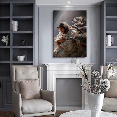 Christian Canvas Wall Art - Jesus and the Lamb Decor | Inspiring 12x16in Artwork for Home & Church