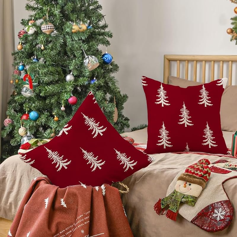 Christmas Pillow Covers 20x20, Red, Pack of 2 - 100% Polyester, Front Pattern