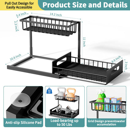 Prlsca Under Sink Organizer, Pull Out Cabinet Organizer 2-Tier Pull Out Sink Shelf Cabinet Storage Shelves, Under Sink Storage for Kitchen Bathroom Cabinet (2 PACK)