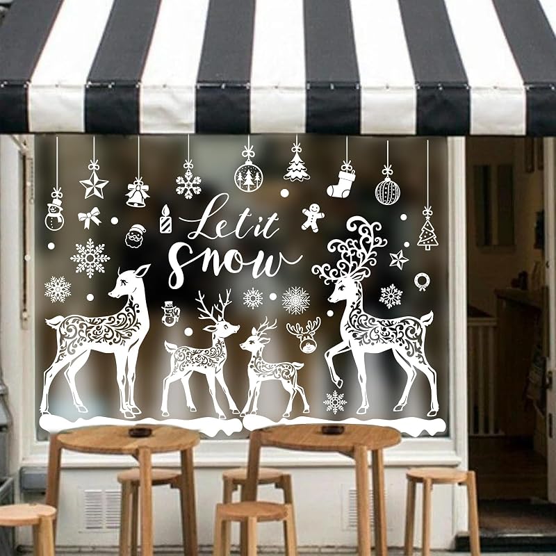 Winter Window Clings 6 Sheets Snowflake Reindeer Pine Decor - Reusable PVC Window Decals