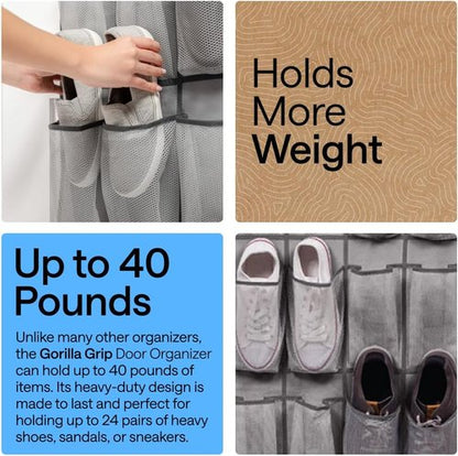 GORILLA GRIP Over The Door Shoe Organizer - 2 Pack With 24 Breathable Mesh Pockets | Space-Saving Grey Storage Solution
