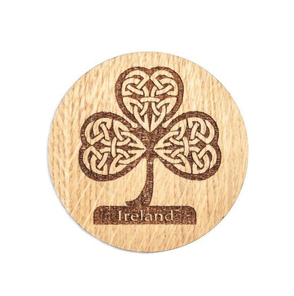 Biddy Murphy Irish Gifts, Oak Drink Coasters Set of 4 with Stand, Etched Designs Include Shamrock, Harp, Celtic Cross, Ireland, Imported, 3.75" Inch Round