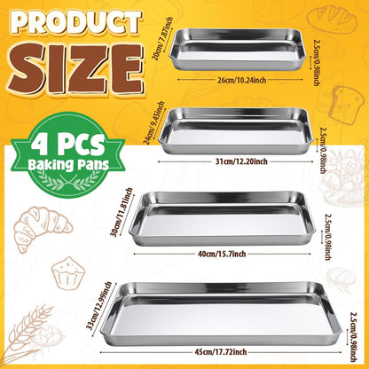 Skiennix Stainless Steel Baking Pans - 4 Pack Commercial Grade Cookie Sheets | Heavy Duty, Non-Stick, 10/12/16/18 Inch
