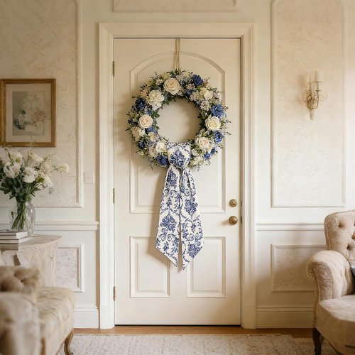 AZYM Wreath Sash Set - Beautiful Blue Flower Ribbon for Front Door & Indoor/Outdoor Decor