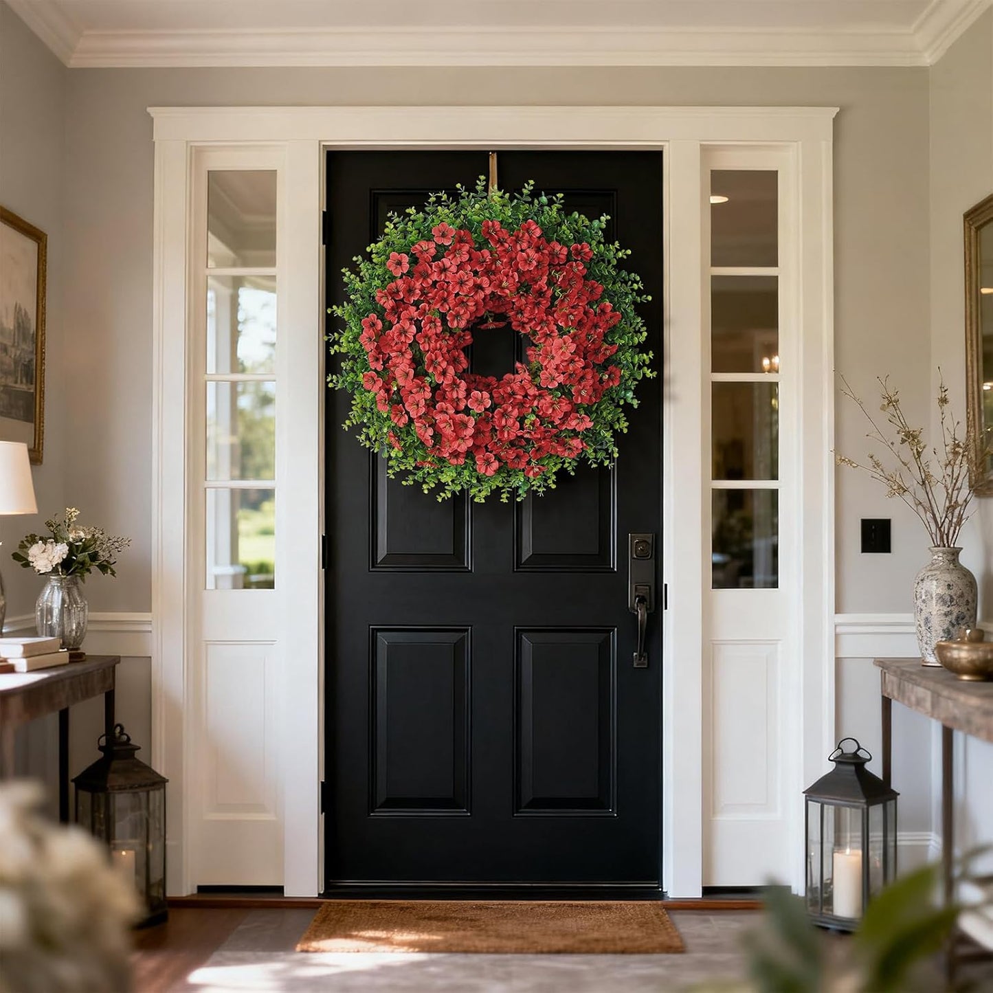 Skiennix 26" Large Artificial Eucalyptus Wreath - Realistic Faux Silk Morning Glory Flowers for Home & Wedding Decor (Red)