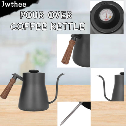 Pour over Coffee Kettle, Tea Kettle with Thermometer Stovetop Gooseneck Kettle Induction Stainless Steel Gooseneck Kettle Coffee Pot with Wood Handle 850ml