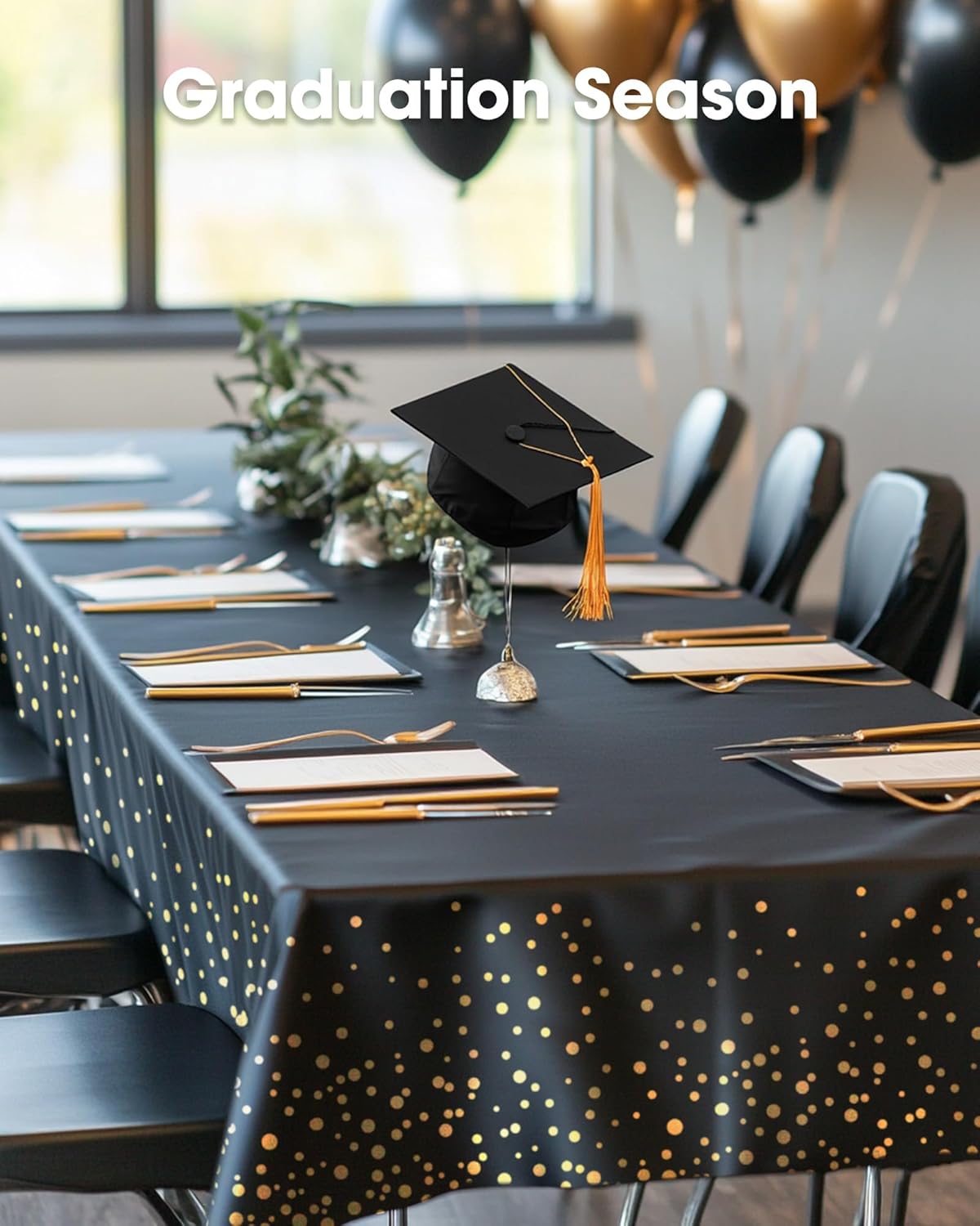 Pureegg Disposable Plastic Tablecloths - 54 x 108 Inch, Leakproof & Sturdy, Black and Gold | 8 Pack for Graduation Celebrations