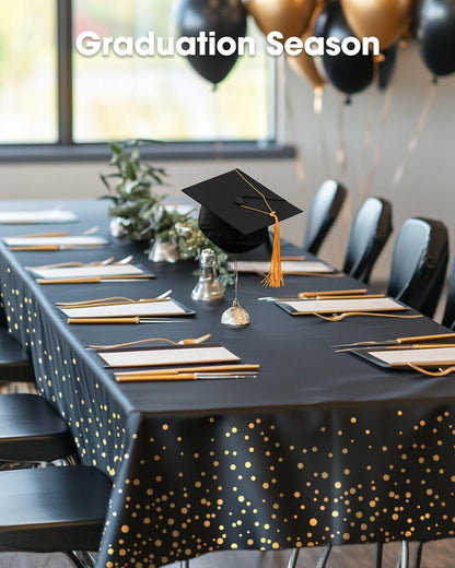Pureegg Disposable Plastic Tablecloths - 54 x 108 Inch, Leakproof & Sturdy, Black and Gold | 8 Pack for Graduation Celebrations