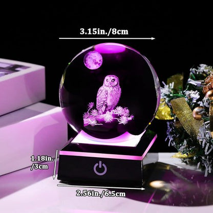 Arikyrist 3D Owl Crystal Ball Figurine - LED Base Night Light Gift for Owl Lovers | 80mm Decorative Glass Globe