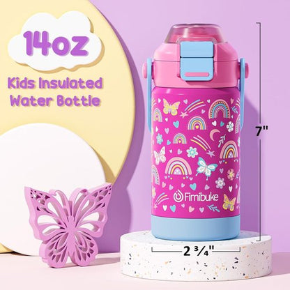 Fimibuke Kids Insulated Water Bottle - 14oz Leak-Proof 18/8 Stainless Steel with 2-in-1 Lid | BPA-Free for Travel & School
