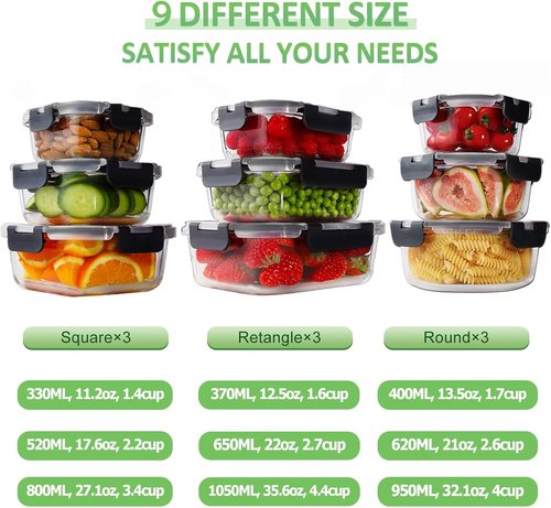 HOMBERKING Glass Meal Prep Containers - 18-Piece Airtight Food Storage Set, BPA-Free & Leak Proof