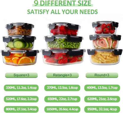 HOMBERKING Glass Meal Prep Containers - 18-Piece Airtight Food Storage Set, BPA-Free & Leak Proof