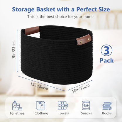 ECDYQXVU Cotton Rope Basket - Woven Storage Baskets with Handles | 15x10x9 Inch | Black (3-Pack)