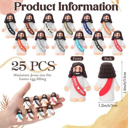 Bememo 25 Pcs Little Jesus Figures, Mini Jesus Loves You Figures, Original Design Multicolor Tiny Easter Figurines to Hide and Seek Religious Gifts for Easter Egg Stuffers(Retro Simple Colors)
