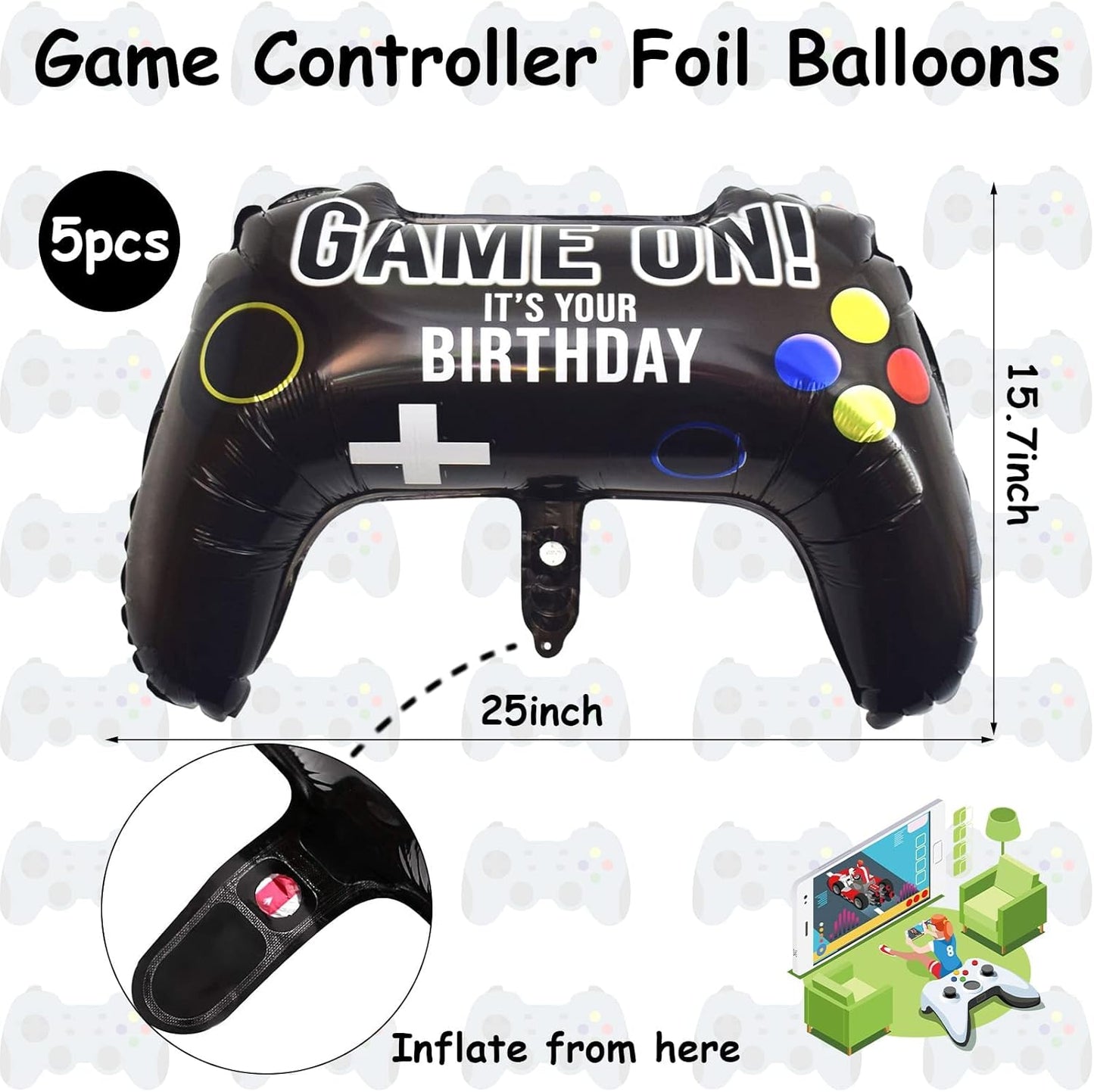 Skiennix Video Game Balloons - Giant Controller Mylar Foil Set for Kids' Birthday Party | 5 Pieces
