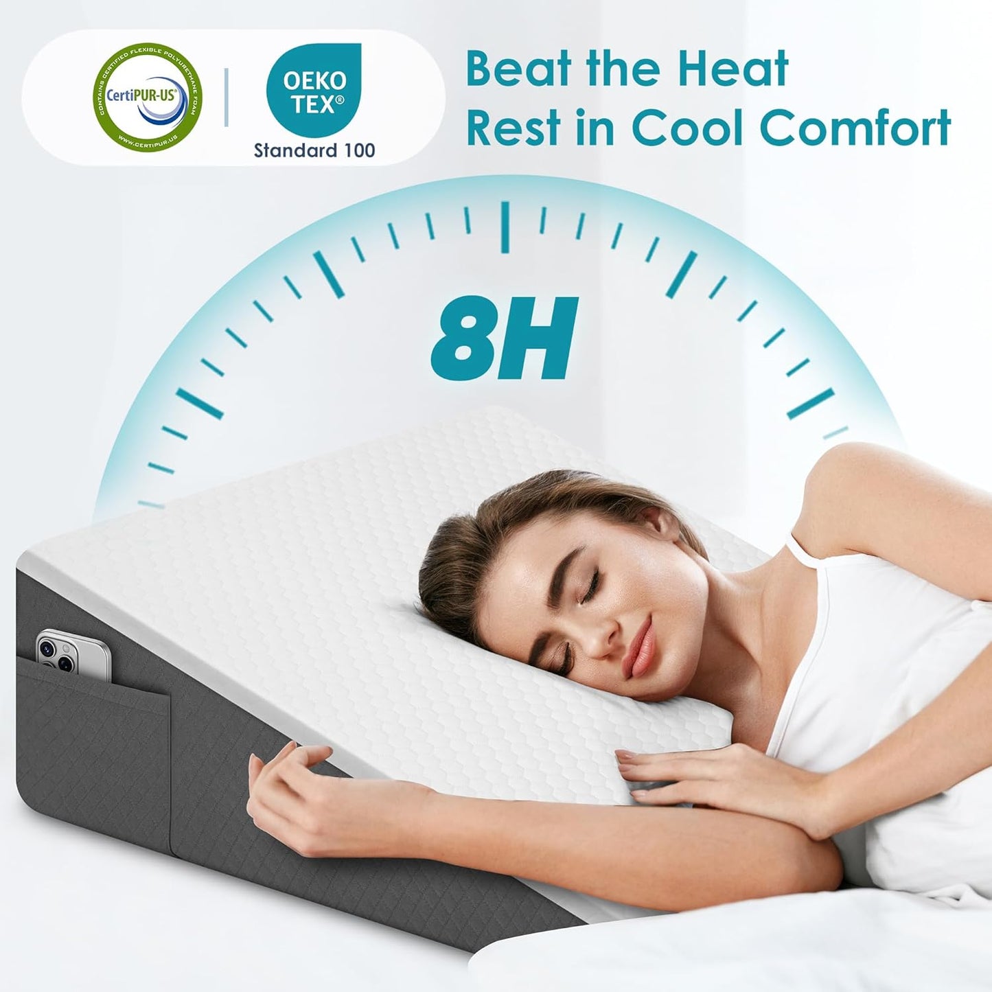 Skiennix Wedge Pillow - 8 Inch Cooling Memory Foam Bed Wedge for Back Support & Leg Elevation