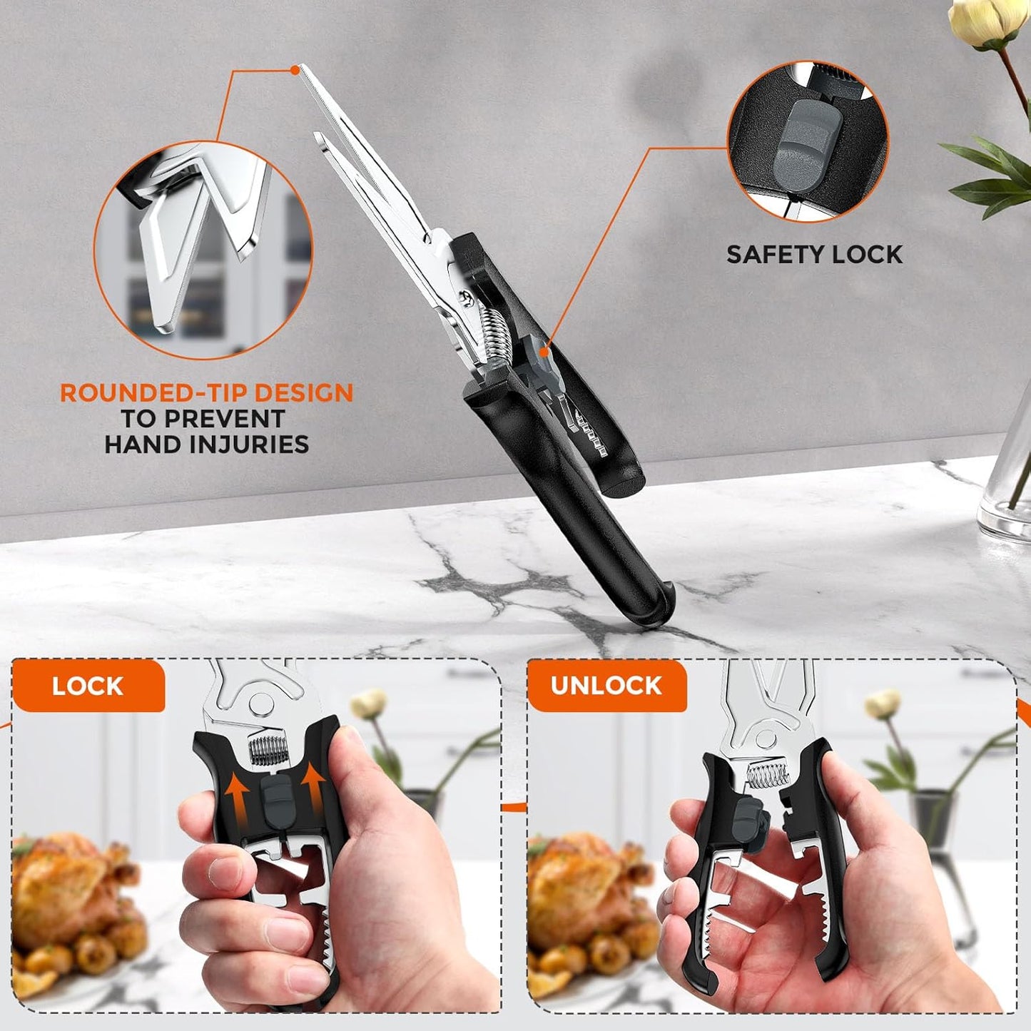 Skiennix Multifunctional Kitchen Scissors - Heavy-Duty Stainless Steel Shears with Magnetic Holder & Safety Lock