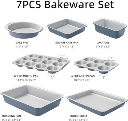 CAROTE 7-Piece Nonstick Bakeware Set - Versatile Baking Pans Including Cookie Sheets, Muffin Pan, & More | Gray & Blue