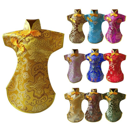 Colorful Cheongsam Wine Bottle Covers, 10pcs Chinese Embroidered Bottle Bags