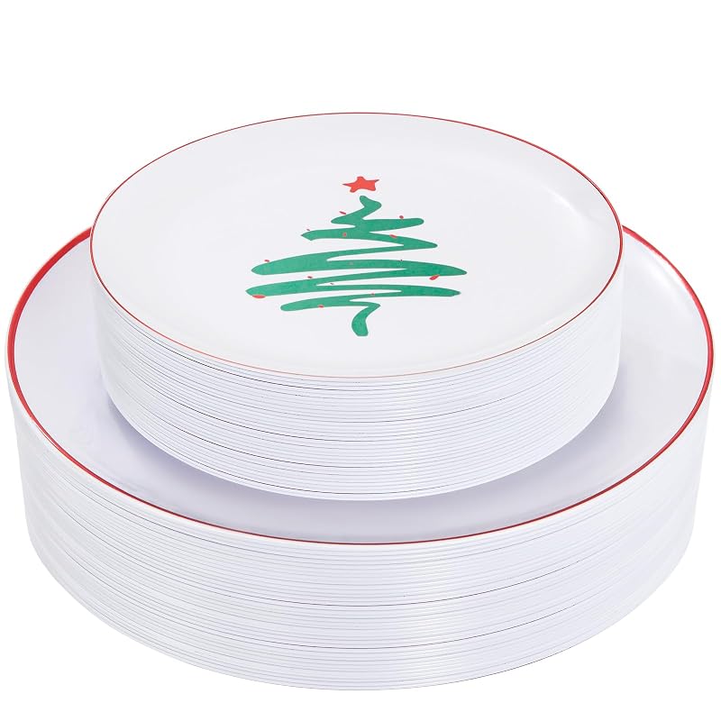 Disposable Christmas Plates 60-Pack - White with Red Rim, 10.25" Dinner + 7.5" Dessert Plates, Party Tableware