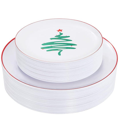 Disposable Christmas Plates 60-Pack - White with Red Rim, 10.25" Dinner + 7.5" Dessert Plates, Party Tableware
