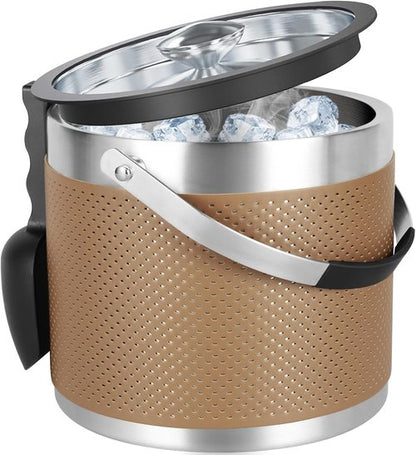 3Quart/3.2L Insulated Ice Bucket with Lid, Scoop, Leather Design Double Wall Stainless Steel Ice Bucket for Cocktail Bar, Parties (Brown)