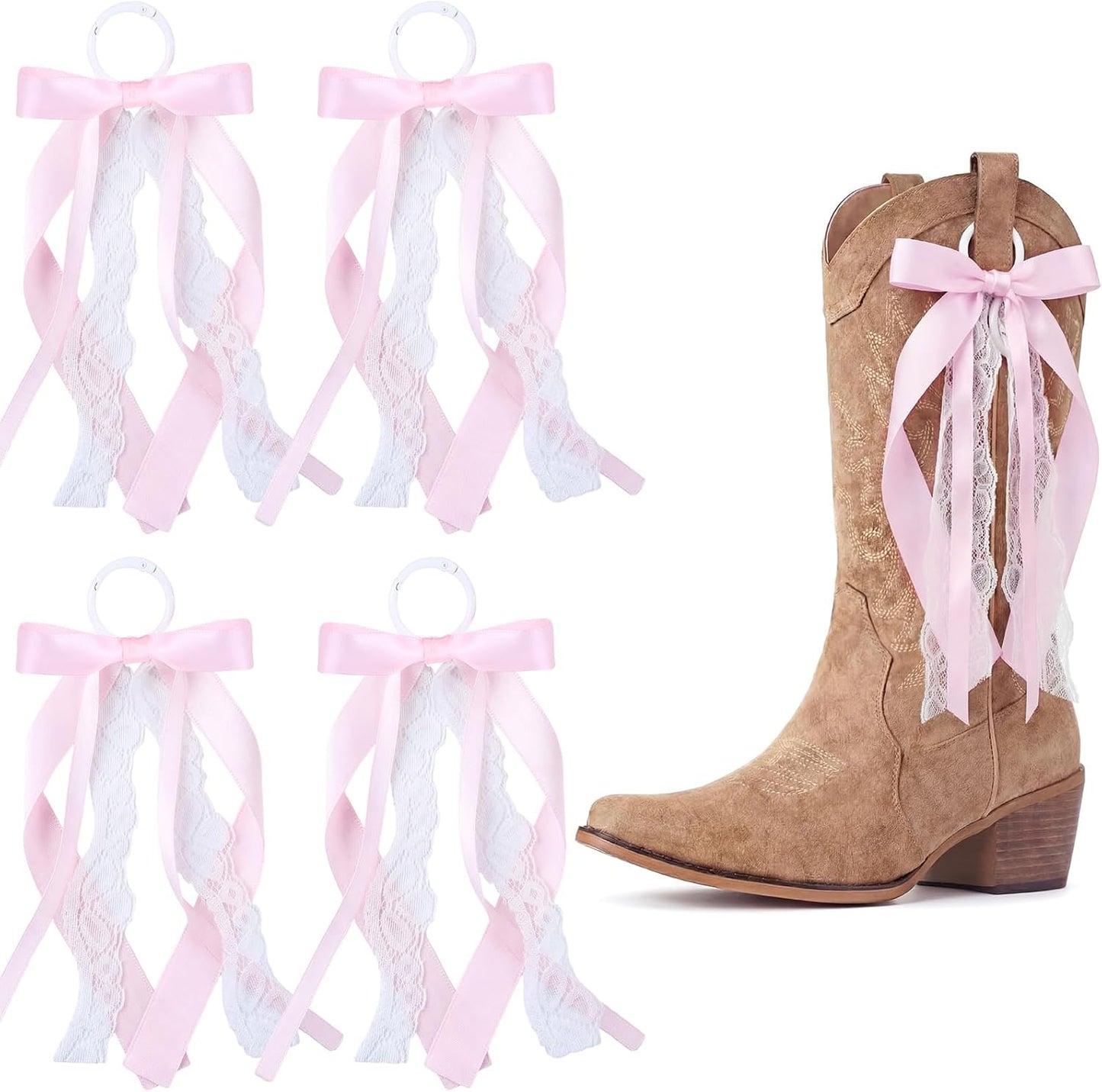 Skiennix Pink Ribbon Boot Bows - 4 Pcs Removable Lace Clips for Cowgirl Boots | Wedding & Bridal Shower Decor
