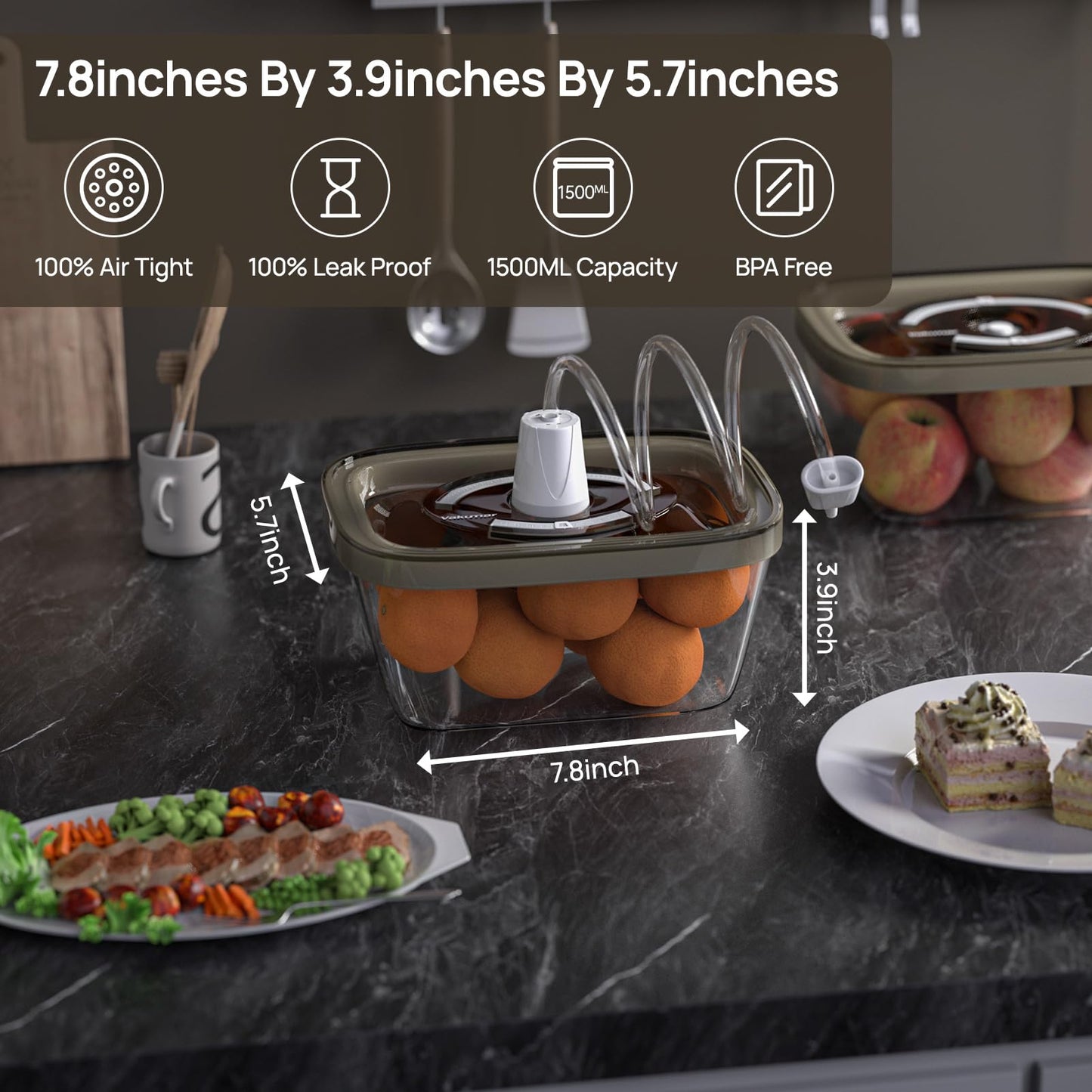 Vakumar 2PCS Vacuum Seal Food Storage Containers Vacuum Sealer containers Fresh Save & Keep the Flavor, Square, BPA-Free, Leak Proof, Lid with Lock - Dishwasher, Freezer & Microwave Safe