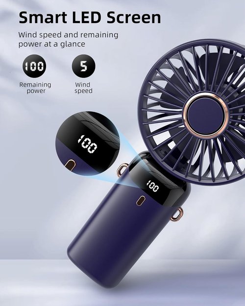 Koonie Portable Handheld Fan - Rechargeable Mini Fan with Digital Display & 5 Speeds | 8-Hour Battery Life, 90° Adjustable