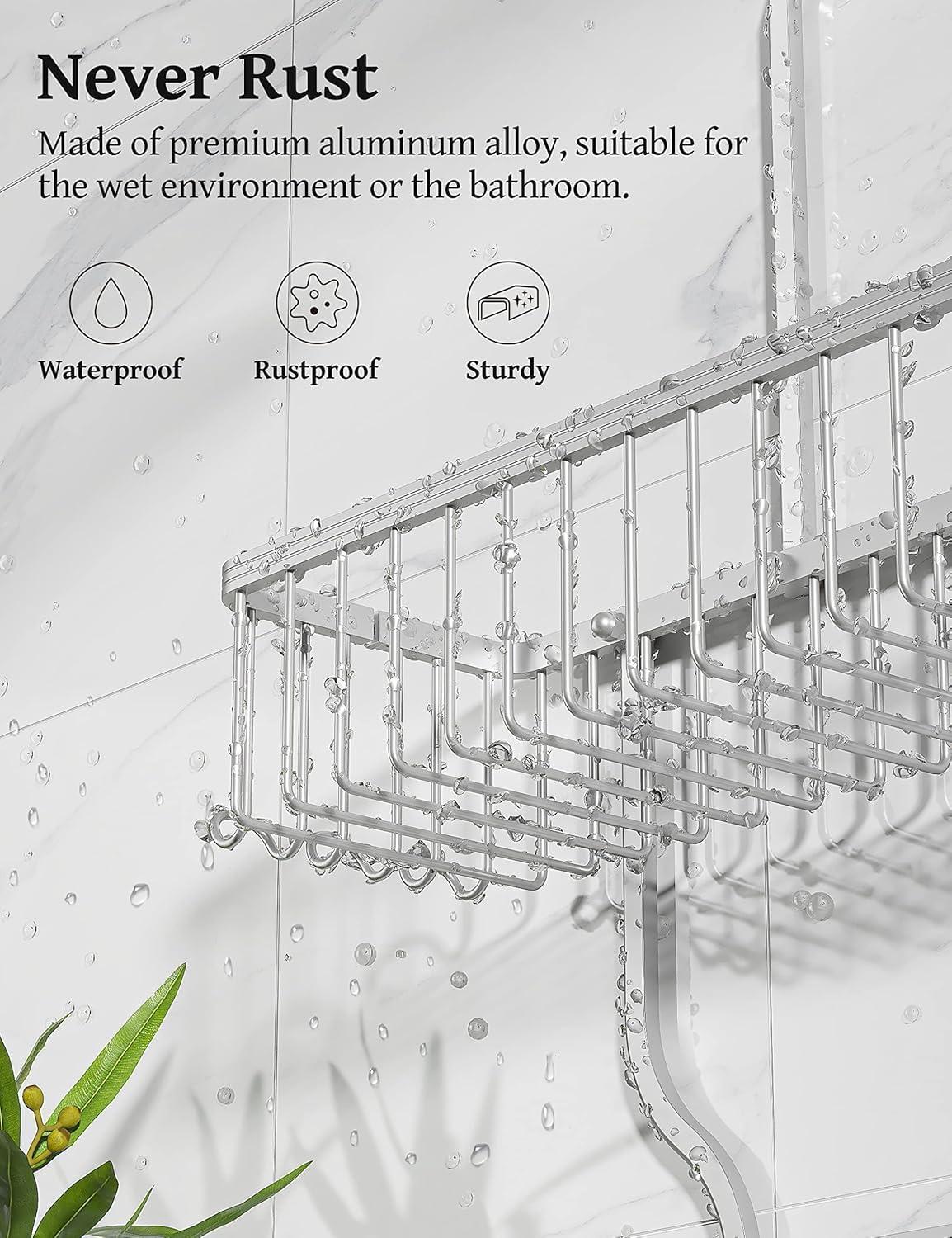 YASONIC Shower Caddy - Rust-Proof Aluminum Organizer with 10 Hooks & Soap Basket - Silver