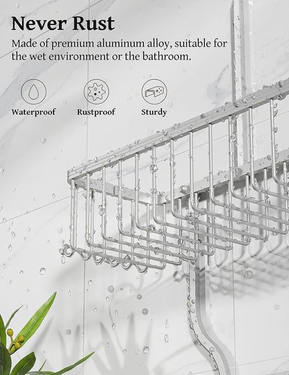 YASONIC Shower Caddy - Rust-Proof Aluminum Organizer with 10 Hooks & Soap Basket - Silver