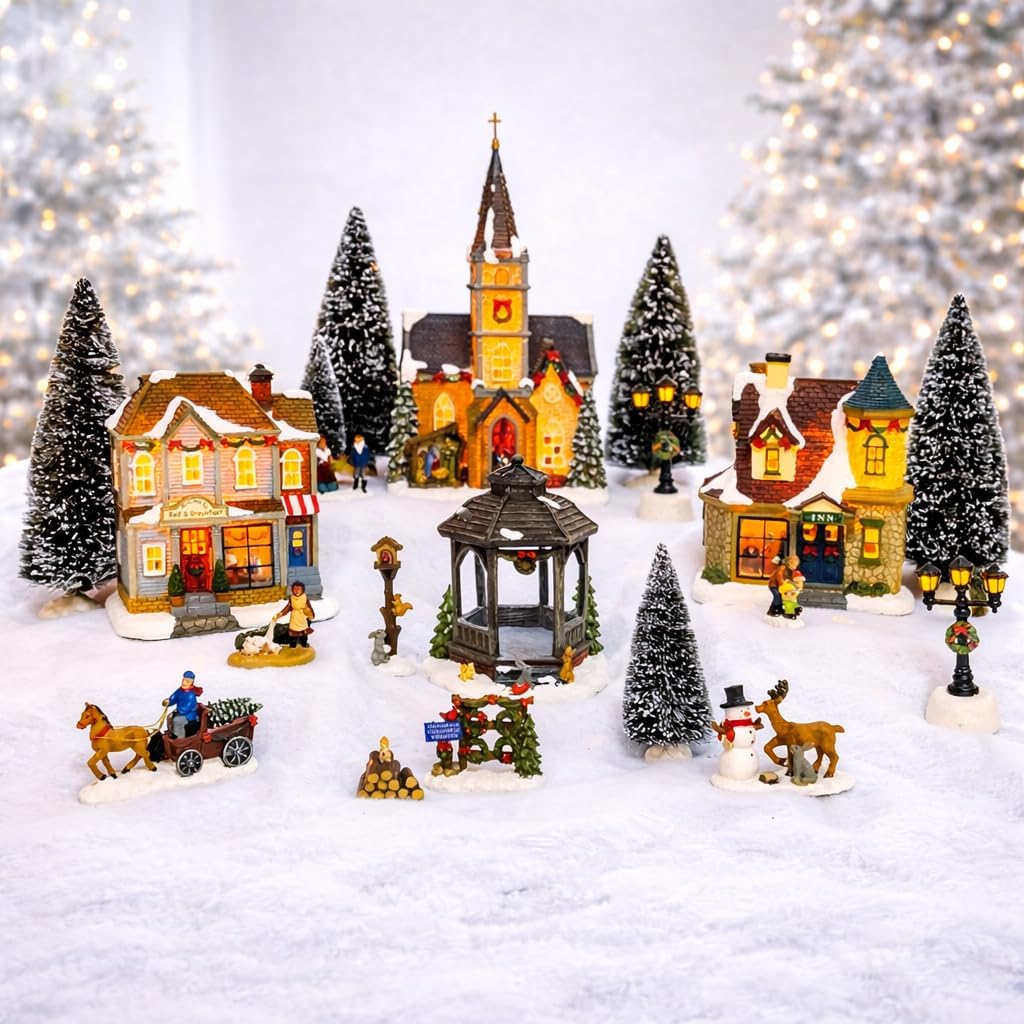 Moments In Time 20-Piece Lighted Christmas Village Set - Hand-Painted Holiday Town Display with LED Lights